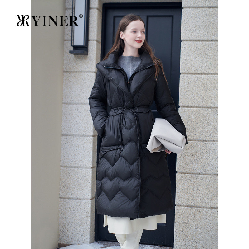 YINER音儿专选女装冬季长款高克重厚实保暖假两件立领连帽羽绒服