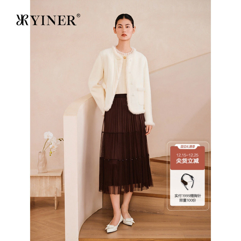 YINER音儿专选2025春季新款新中式短款水貂毛边纯羊毛双面呢
