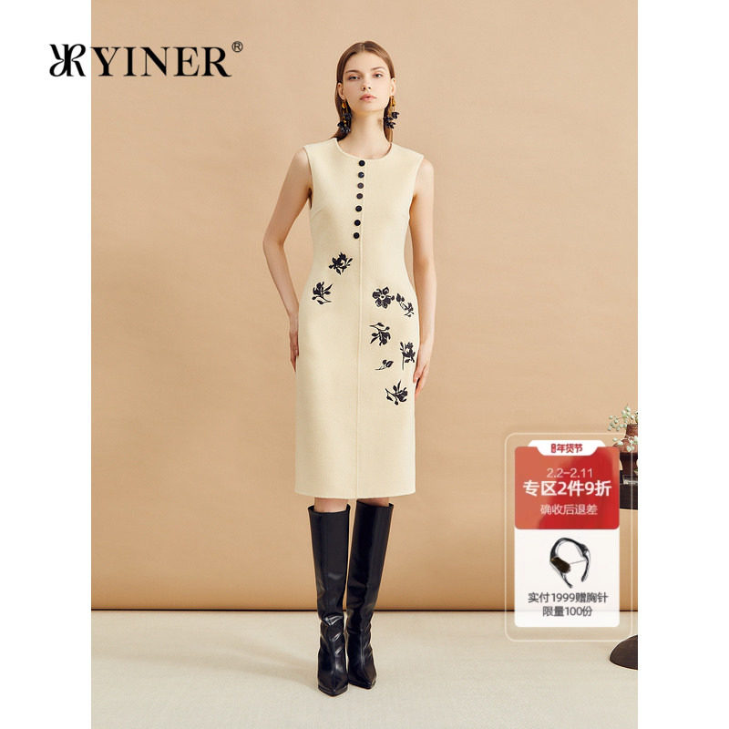 【木兰花系列】YINER音儿冬季羊毛山羊绒绣花极简连衣裙