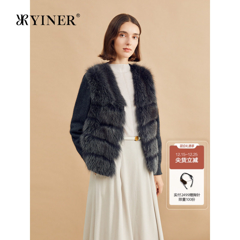 YINER音儿专选冬季短款假两件狐狸毛拼接兔毛皮草外套