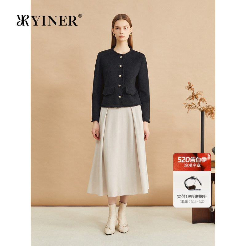 YINER音儿专选冬季小香风短款毛边羊毛双面呢外套