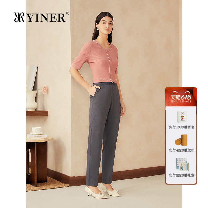 YINER音儿女装女装夏季法式薄款五分袖桑蚕丝混纺针织衫套头