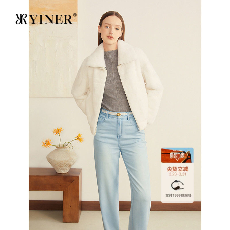 YINER音儿专选2025秋季新款法式母貂整貂拉链翻领短款皮草外