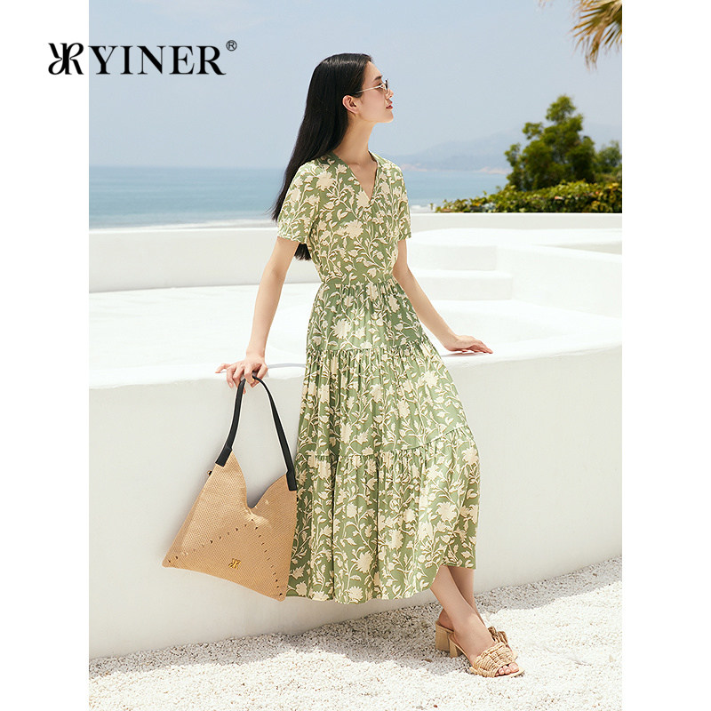 YINER音儿女装夏季优雅时尚印花V领蛋糕裙弹力桑蚕丝连衣裙