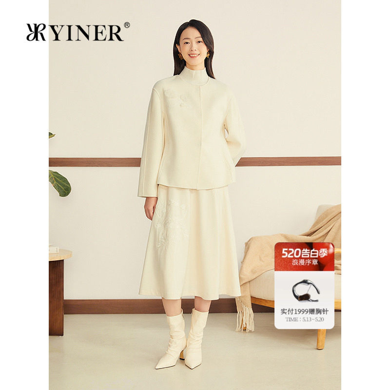 YINER音儿女装冬季法式优雅立体绣花圆领纯羊毛双面呢外套