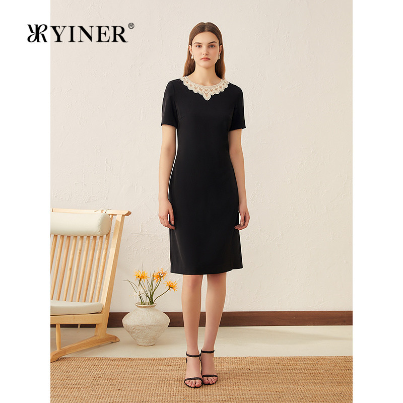 YINER音儿专选女装夏季法式弹力收腰撞色刺绣蕾丝领连衣裙