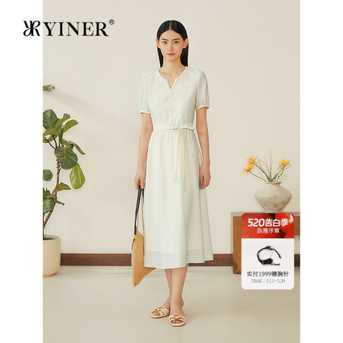 YINER音儿专选女装夏优雅海棠刺绣醋酸混纺灯笼花苞袖收腰连衣裙