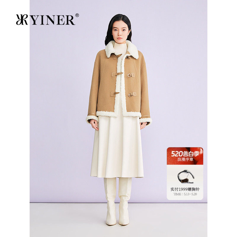 YINER音儿专选2026春季新款时尚撞色羊羔毛翻领羊毛羊绒混纺