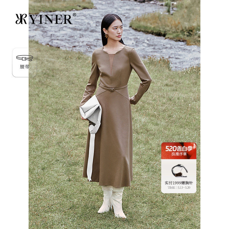 YINER音儿女装冬季法式复古羊毛羊绒混纺缎面醋酸拼接连衣裙