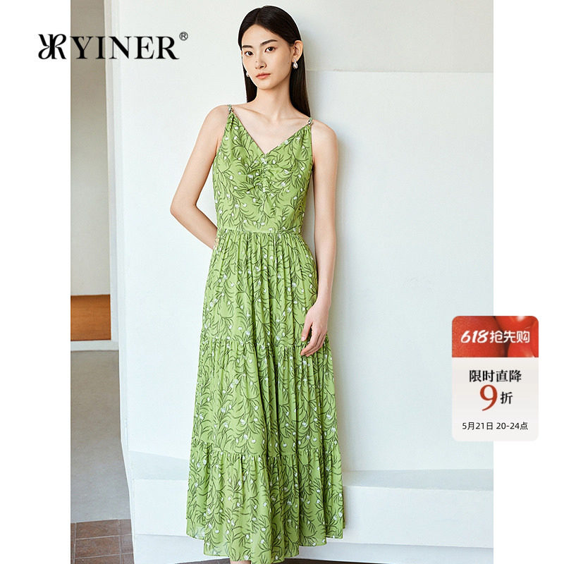 YINER音儿女装吊带裙女夏季优雅时尚艺术印花桑蚕丝V领吊带连衣裙