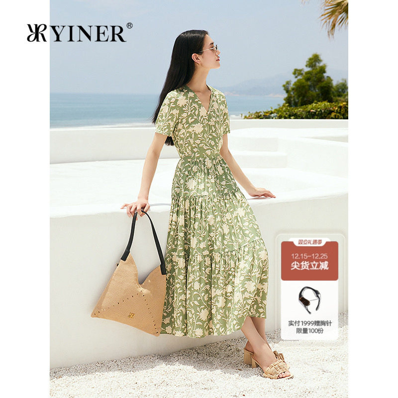 【真丝系列】YINER音儿2025夏季新款法式V领弹力桑蚕丝印花