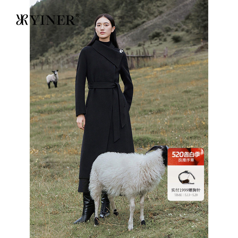 YINER音儿女装冬季法式松弛羊毛混纺围裹领中长款双面呢大衣
