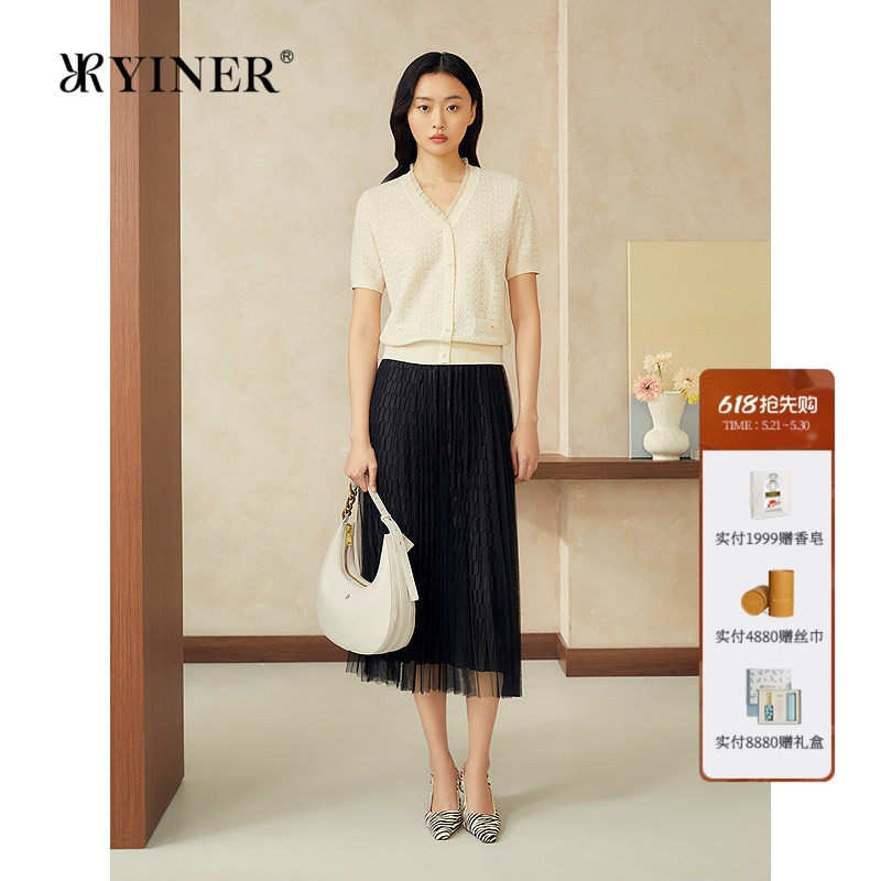 YINER音儿专选女装夏季莱赛尔天丝羊毛混纺时尚提花针织衫
