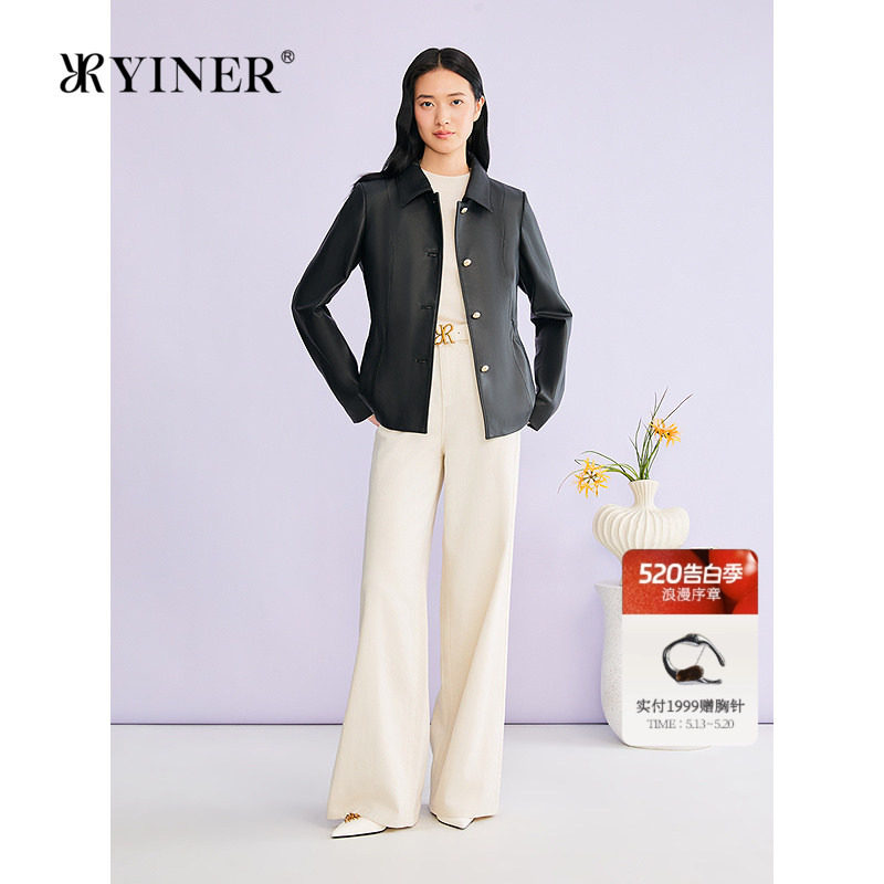 YINER音儿专选2026春季新款法式翻领收腰短款真皮皮衣夹克外