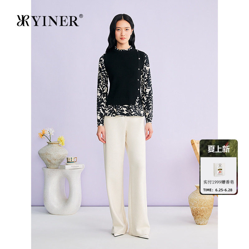 YINER音儿专选2026春季新款法式优雅艺术印花拼接假两件针织