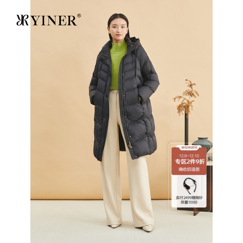YINER音儿女装冬季法式时尚长款加厚保暖高领连帽白鹅绒羽绒服