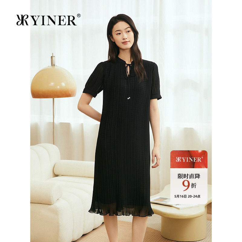 YINER音儿专选女装夏季新中式系带半开领艺术皱褶显瘦连衣裙