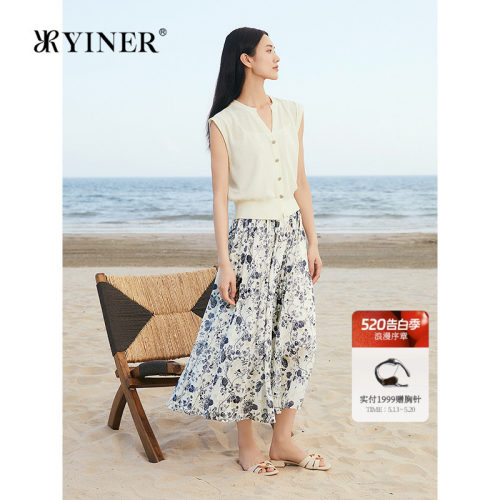 YINER音儿女装夏季法式如伊纹A摆伞裙100棉印花轻薄半身裙