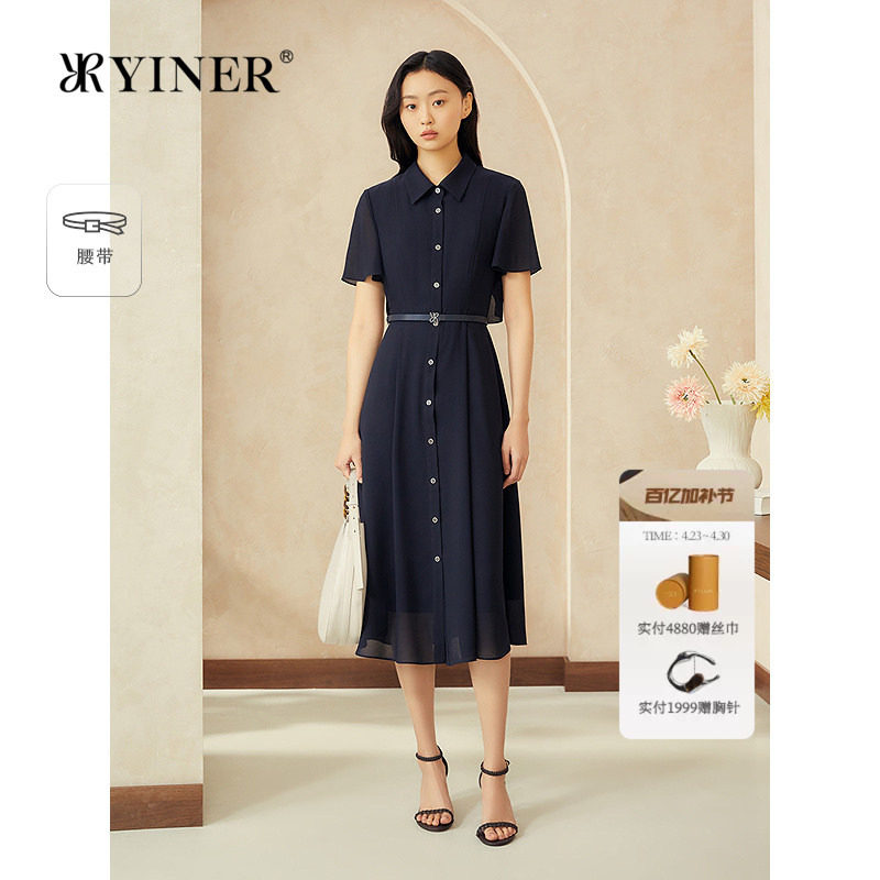 YINER音儿专选女装夏季复古翻领透气雪纺衬衫领收腰连衣裙