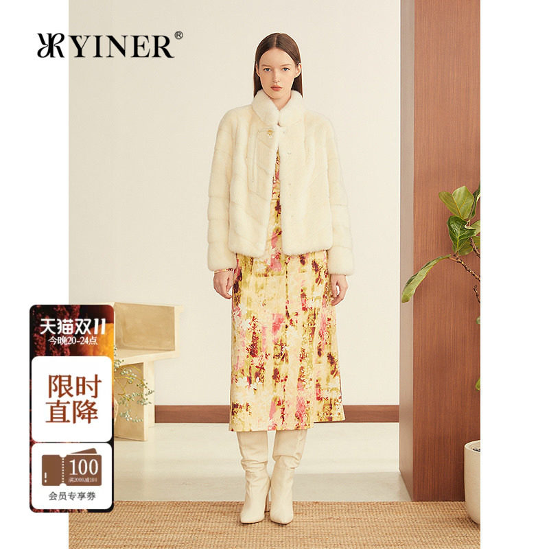YINER音儿女装冬季优雅国风盘扣小立领短款水貂毛皮草