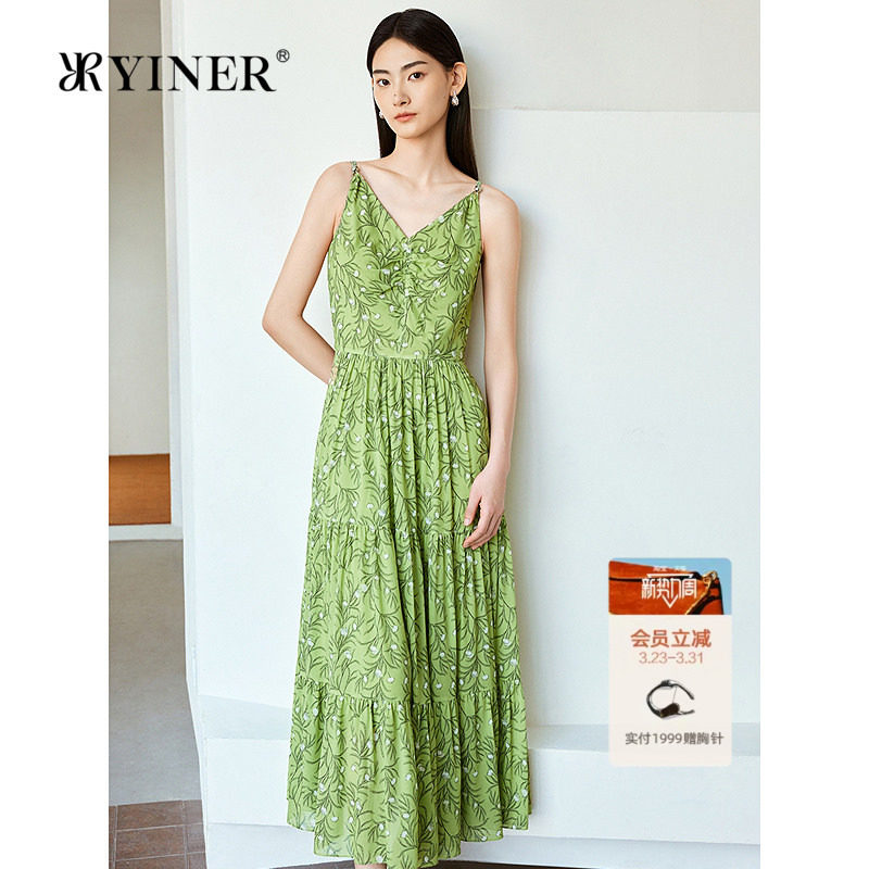 【真丝系列】YINER音儿2025夏季新款法式艺术印花V领吊带连
