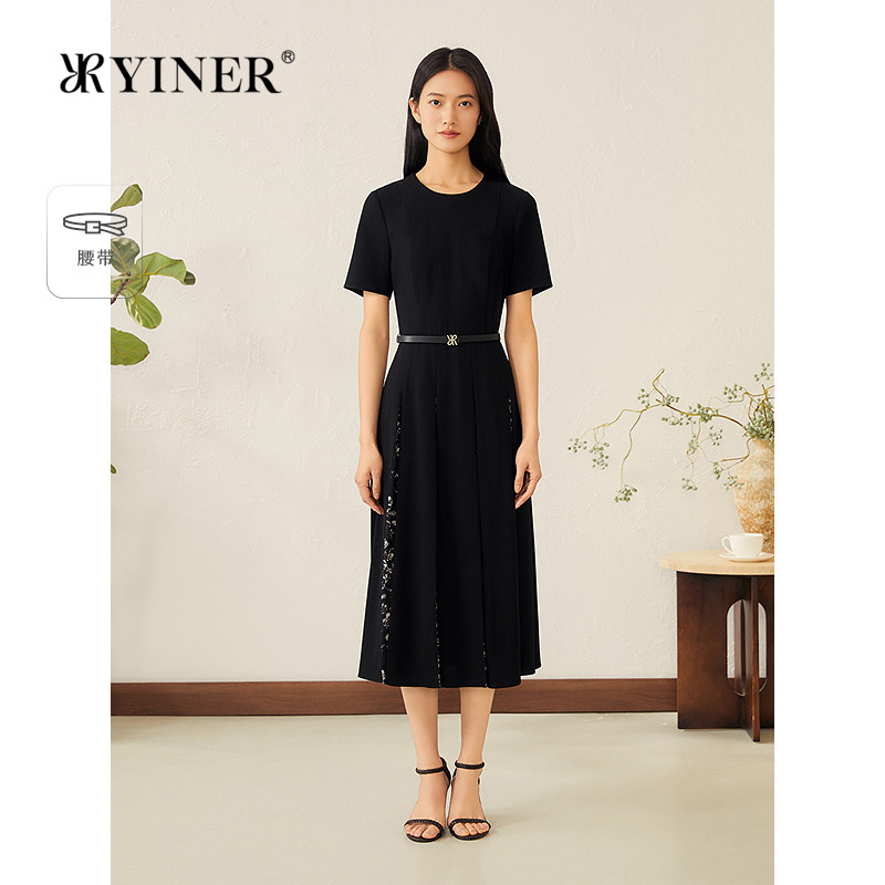 YINER音儿专选女装夏季优雅蒲公英印花醋酸混纺拼接雪纺连衣裙