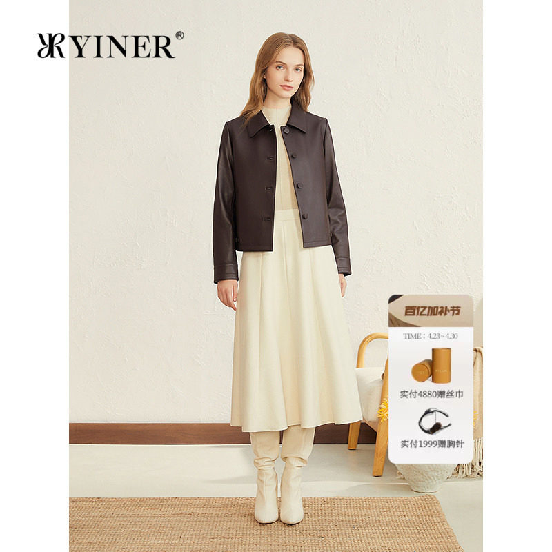 YINER音儿专选女装通勤法式花瓣翻领短款绵羊真皮皮衣夹克外套女