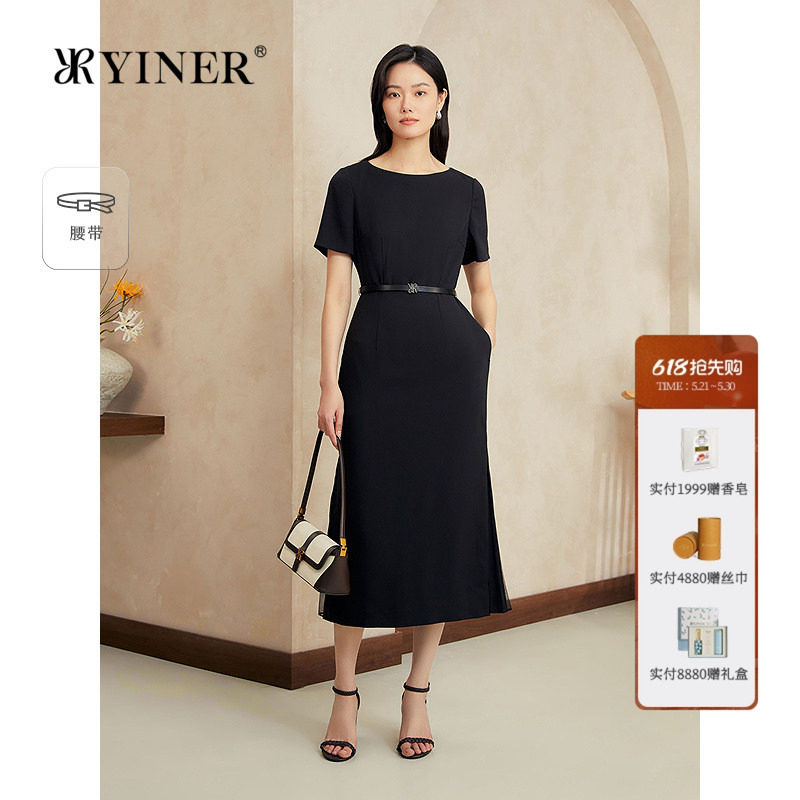 YINER音儿女装夏季优雅醋酸混纺小黑裙通勤收腰圆领连衣裙