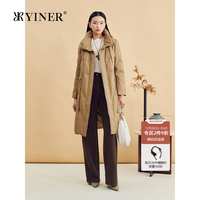 YINER音儿专选冬季长款小绵羊皮厚实小翻领真皮羽绒服