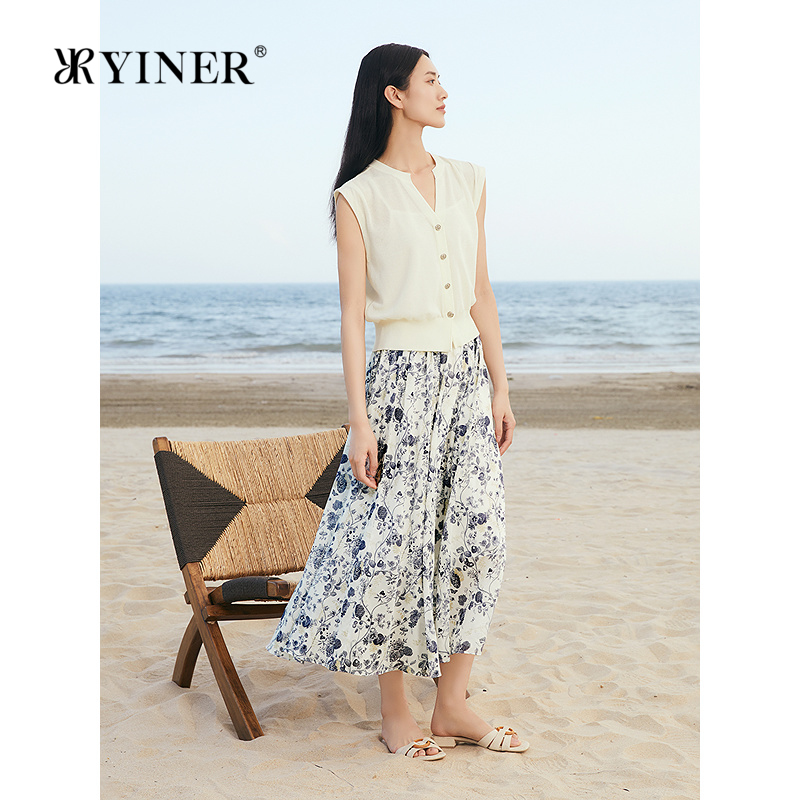 YINER音儿2025夏季新款法式如伊纹A摆伞裙100棉印花轻薄半身裙