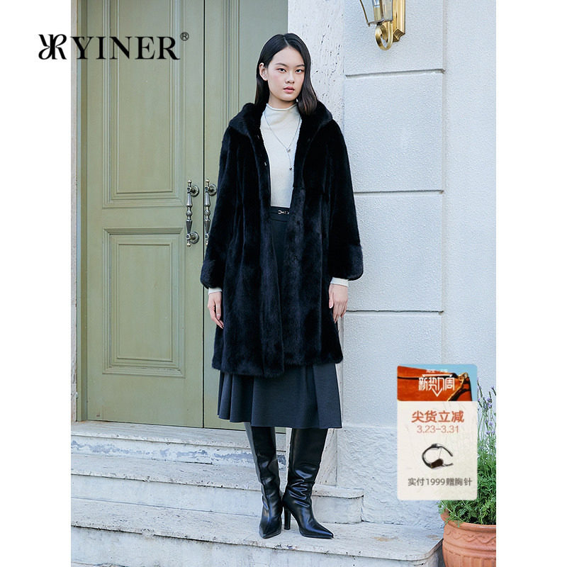 YINER音儿专选2025冬季新款奢感长款连帽整貂母貂水貂毛皮草