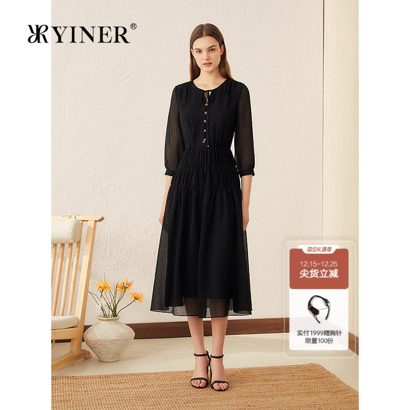 YINER音儿专选2025夏季新款法式飘带领华夫格泡泡纱蛋糕裙连