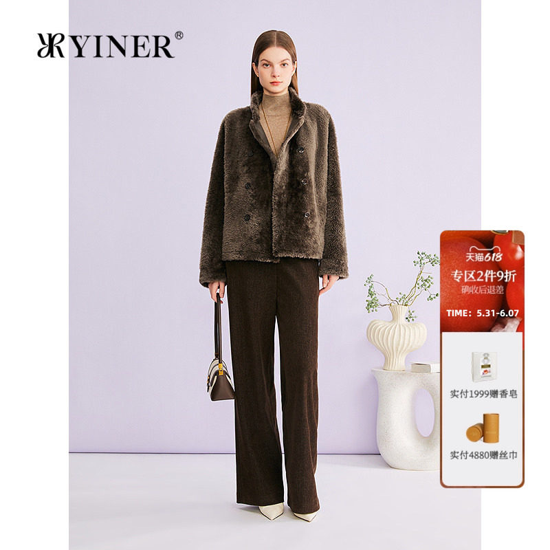 YINER音儿专选2026春季新款立领双排扣羊皮毛一体皮草外套