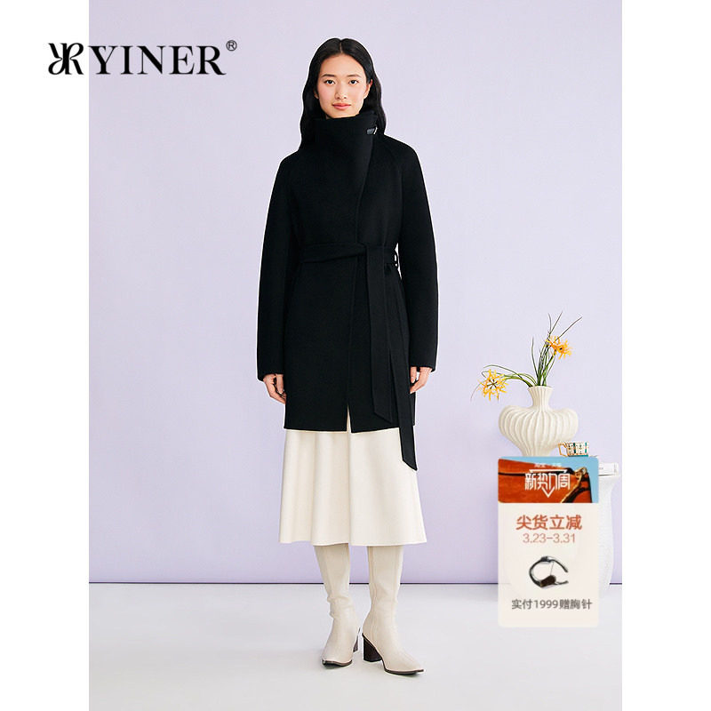 YINER音儿专选2026春季新款翻立两用领羊毛羊绒混纺双面呢大