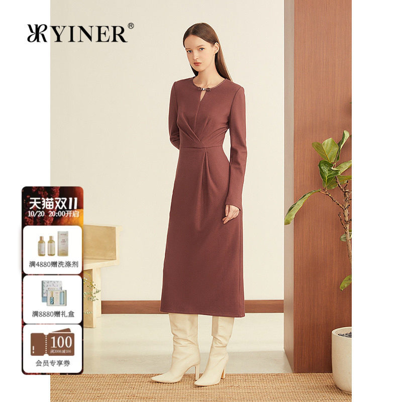 YINER音儿女装冬季桃粉色羊毛混纺镂空圆领中式盘扣连衣裙