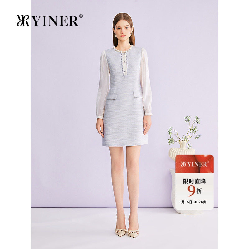 YINER音儿专选2026春季新款羊毛混纺闪丝花纱肌理直筒廓形连