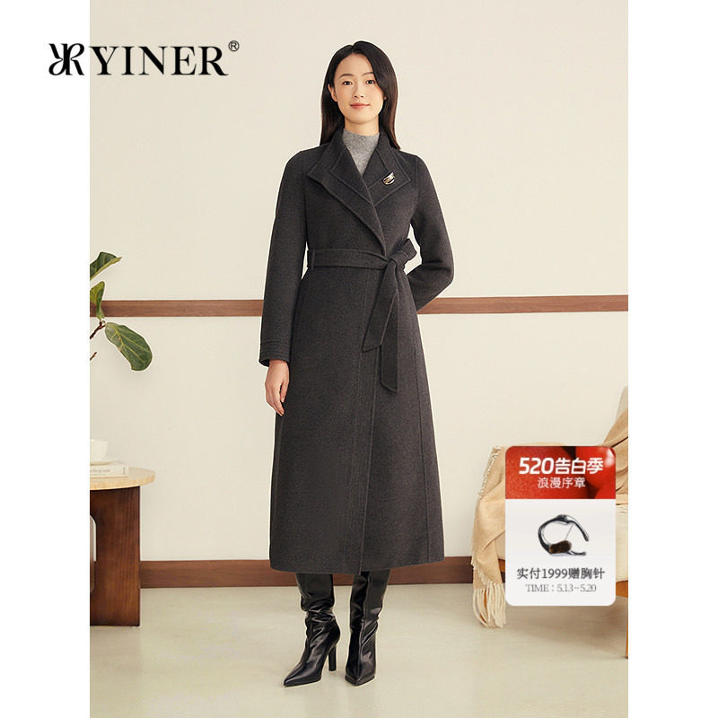 YINER音儿女装冬季法式大翻领羊毛羊绒混纺手缝双面呢大衣