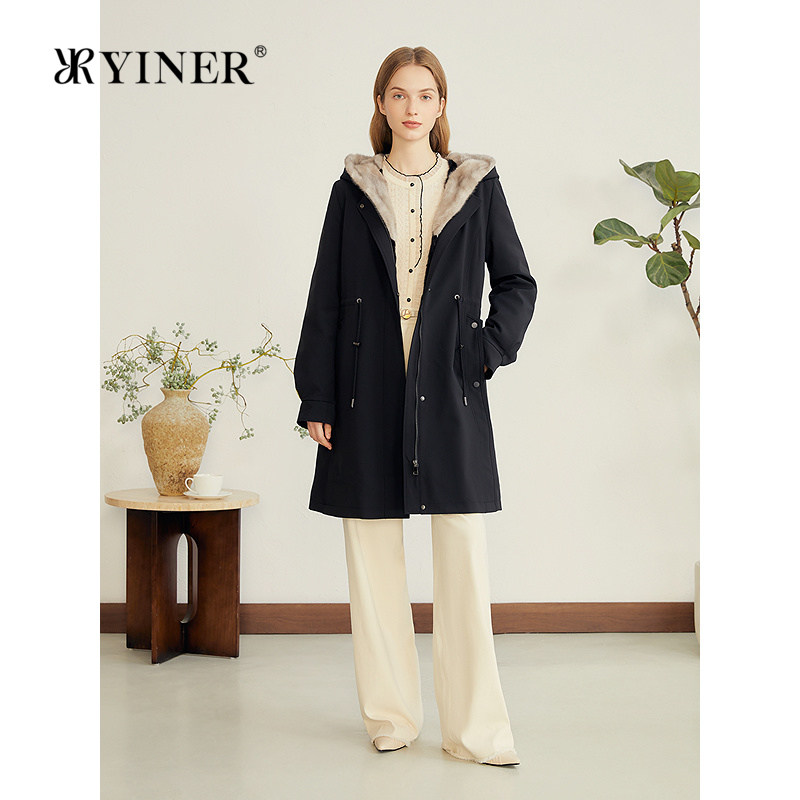 YINER音儿专选女装冬季中长款抽绳收腰水貂毛连帽派克服皮草