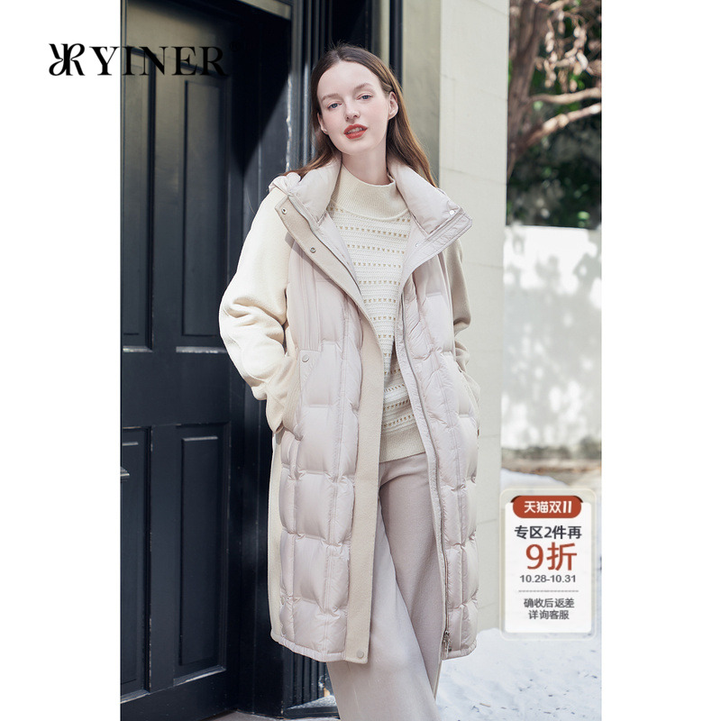 【云朵0压感】YINER音儿专选冬季撞色羊毛呢连帽长羽绒服