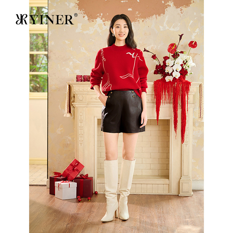 YINER音儿专选2025冬季新款法式复古百搭全羊皮高腰A字短款