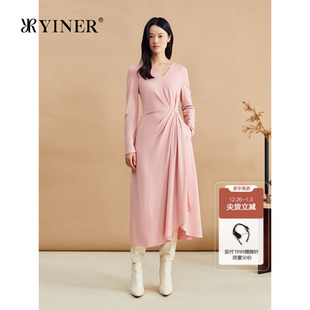 法式 YINER音儿冬季 V领S型收腰连衣裙 100美丽诺羊毛