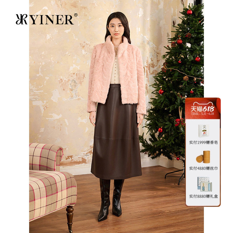 YINER音儿专选女装冬季法式优雅褶艺花苞型柔软皮革半身裙