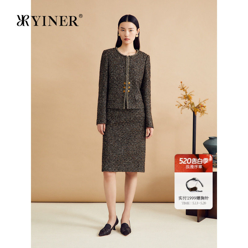 YINER音儿秋季羊毛金色亮纱小香风粗花呢短外套