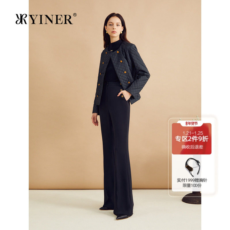 YINER音儿女装秋季法式时尚短款菱格纹圆领双排扣蚕丝棉服外套,女装/女士精品,短外套,淘宝优惠券,粉丝福利购,淘宝优惠卷
