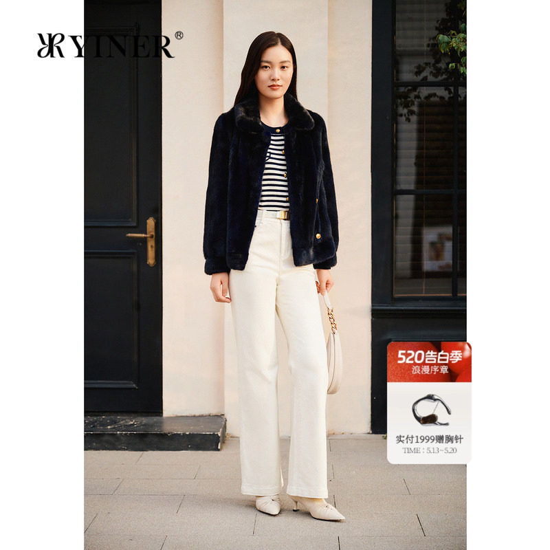 YINER音儿专选女装春季法式千金奢感短款翻领水貂毛皮草外套
