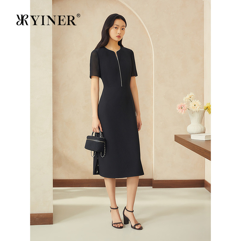 YINER音儿专选女装夏季优雅时尚显瘦小V领拼接印花褶艺连衣裙