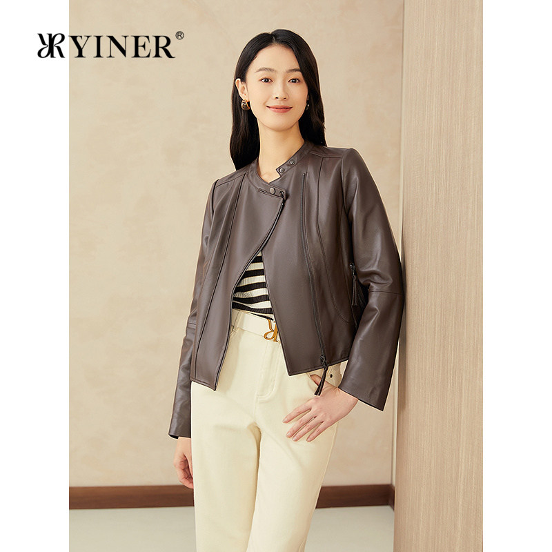 YINER音儿专选女装春美拉德立领柔软绵羊真皮皮衣夹克外套