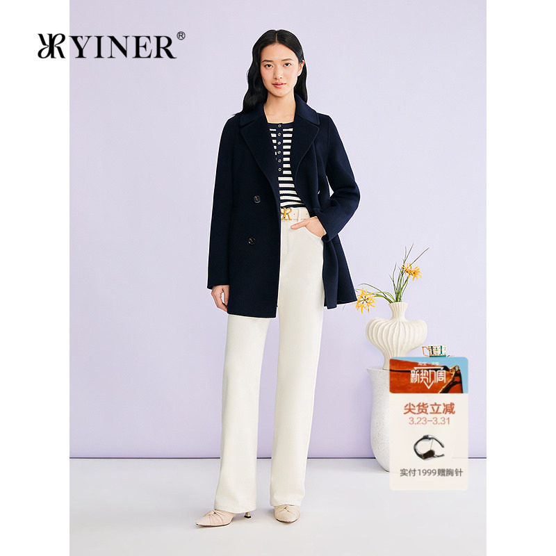 YINER音儿专选2026春季新款法式翻领阿拉善山羊绒双面呢大衣