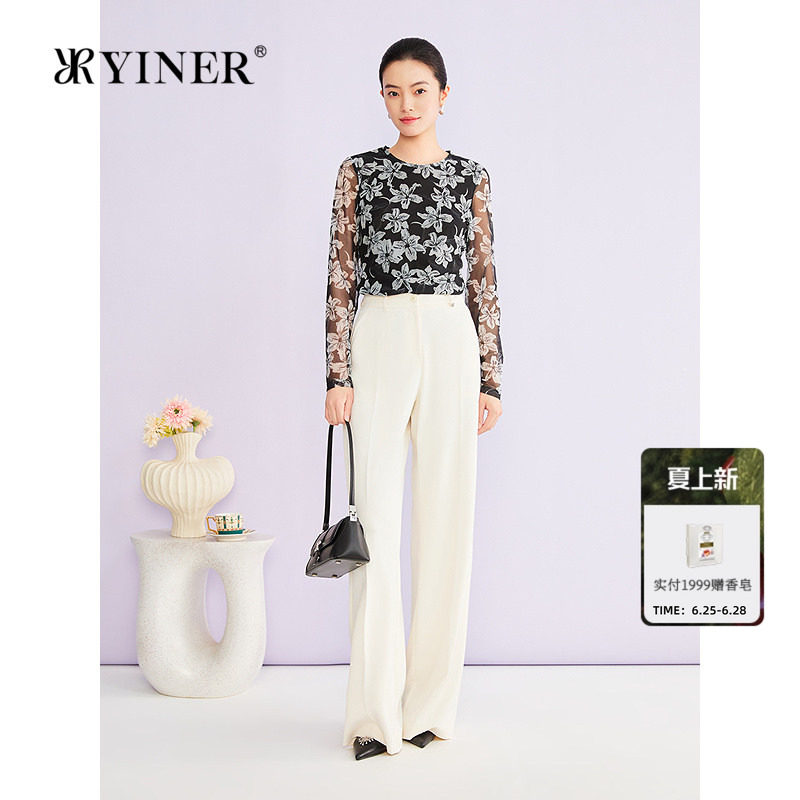 YINER音儿专选2026春季新款时尚轻盈网纱艺术印花圆领收腰针