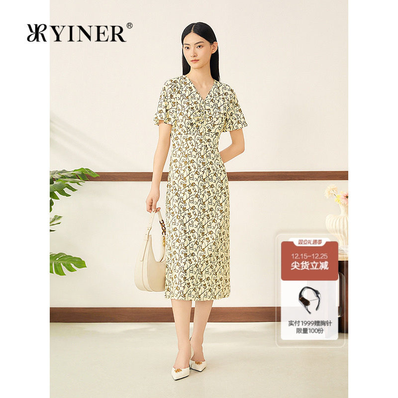 YINER音儿2025秋季新款法式复古花型印花V领蚕丝真丝茶歇连